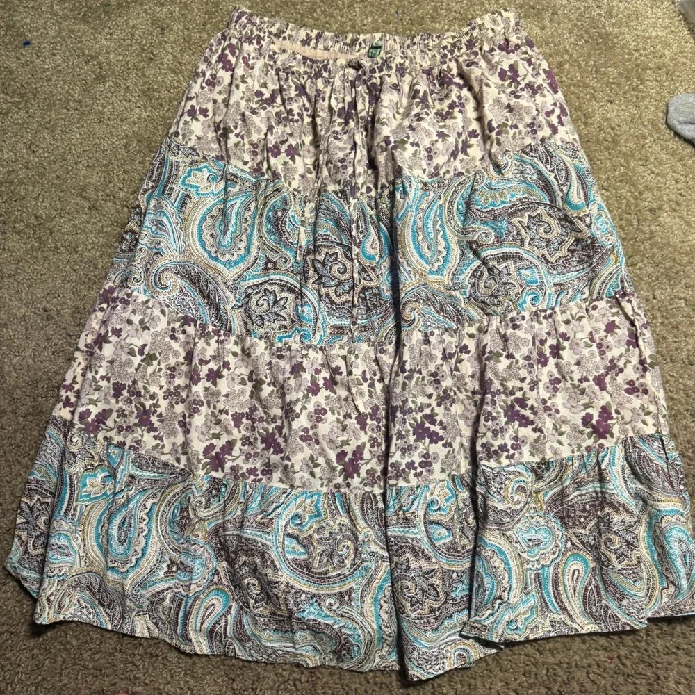Kaaku Womens Cotton Tiered Midi‎ Skirt Purple Teal Floral Paisley Boho Peasant
